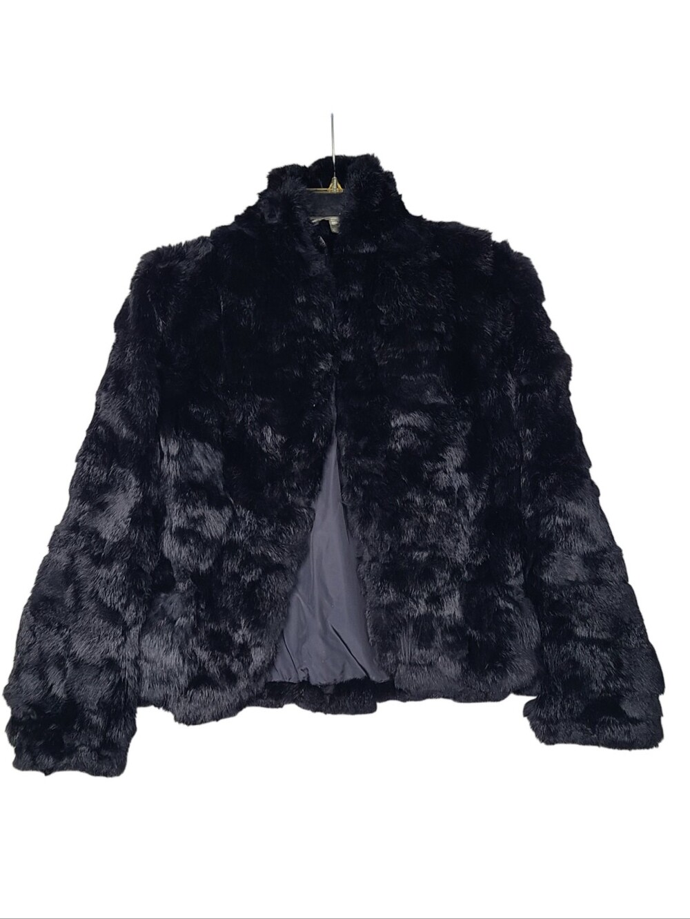 Vintage 80s Rabbit Fur Open Front Black Bomber Jacket Size Small Womens